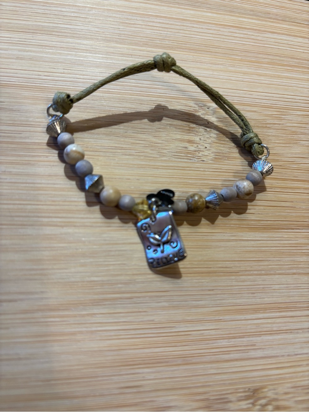 Butterfly Charm Beaded Bracelet in Olive Green and Beige